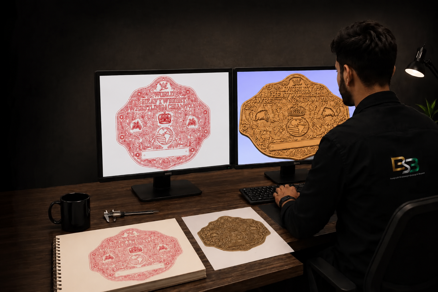 Designer prototyping a championship belt on dual monitors