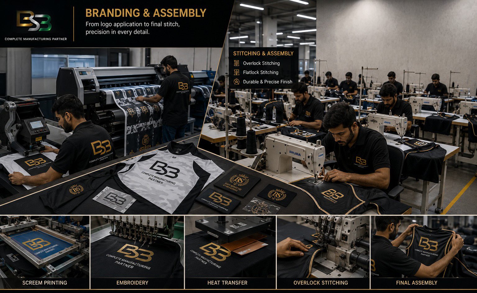 Screen printing, embroidery, and stitching assembly for apparel